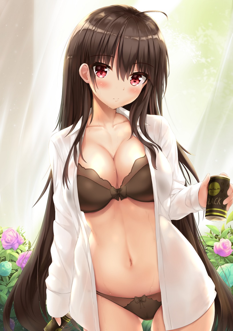 1girl, ashfair, black_bra, black_hair, black_panties, blush, bra, breasts
