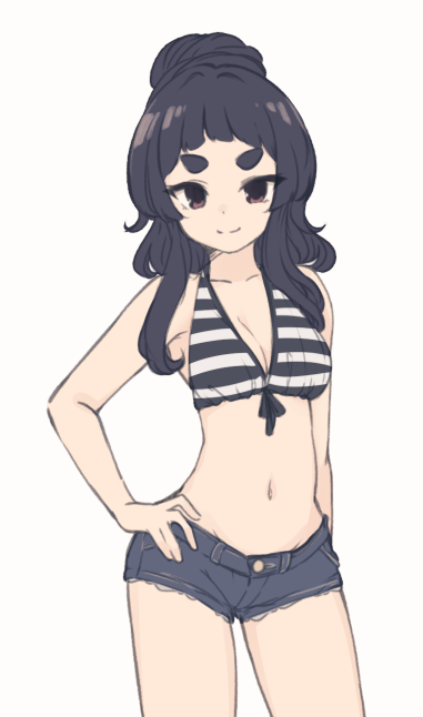 1girl, bare_arms, bare_shoulders, bikini, bikini_top_only, black_hair, black_shorts, blush