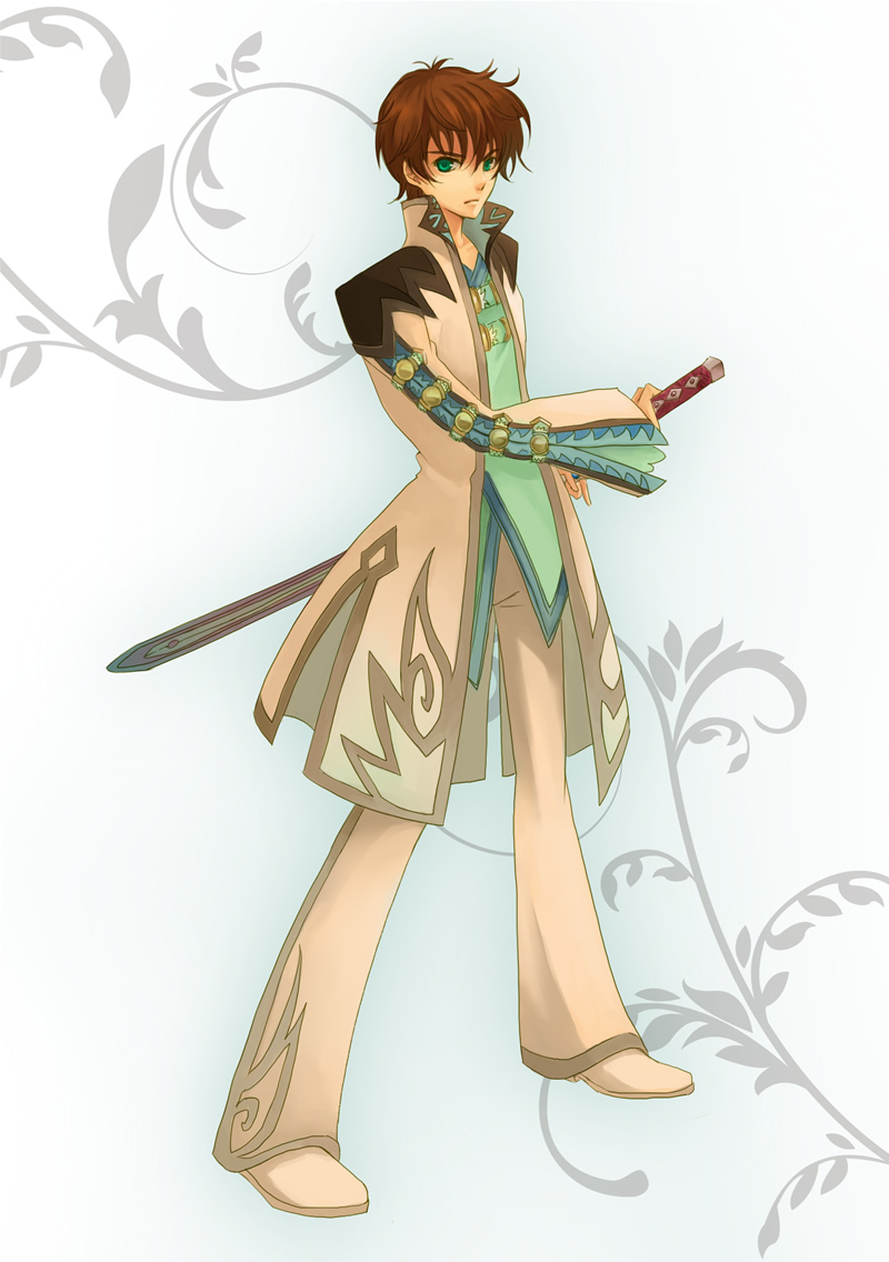 1boy, asbel_lhant, asbel_lhant_(cosplay), bell-bottoms, brown_hair, code_geass, cosplay, fighting_stance, full_body, green_eyes, kururugi_suzaku, male_focus, pants, parody, ready_to_draw, sakurai_takahiro, sheath, sheathed, sia, siratama_anmitsu, solo, sword, tales_of_(series), tales_of_graces, voice_actor_connection, weapon