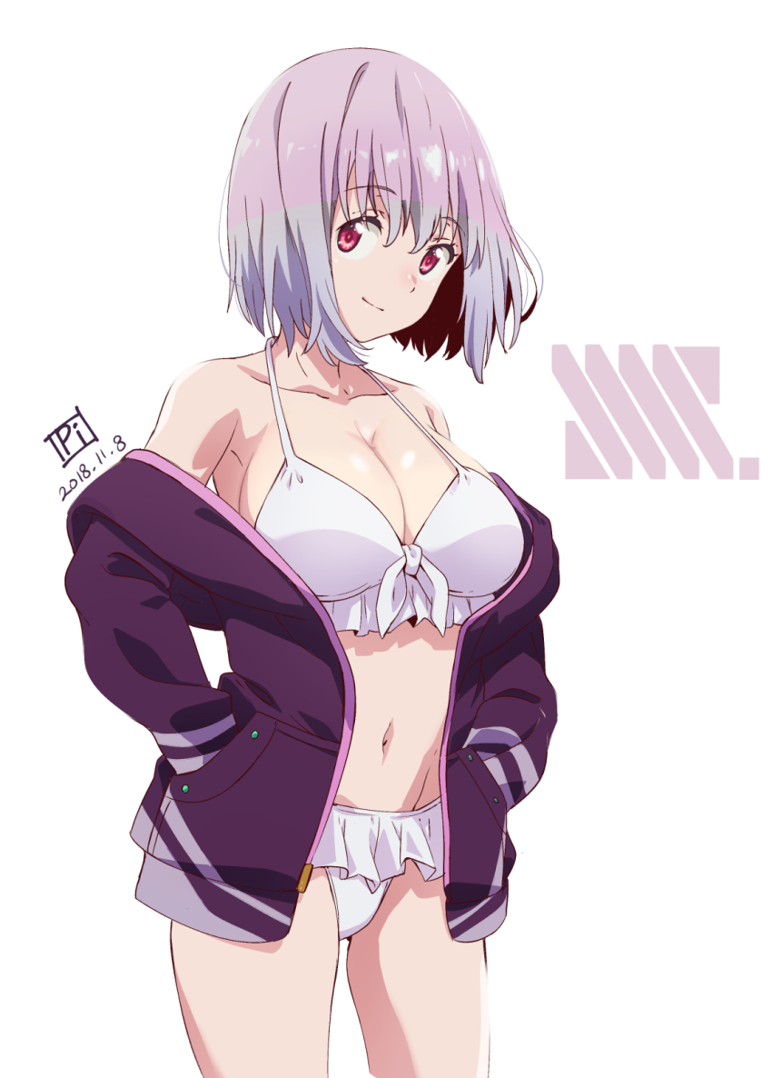 1girl, bikini, breasts, cleavage, collarbone, dated, gridman_universe, hands_in_pockets