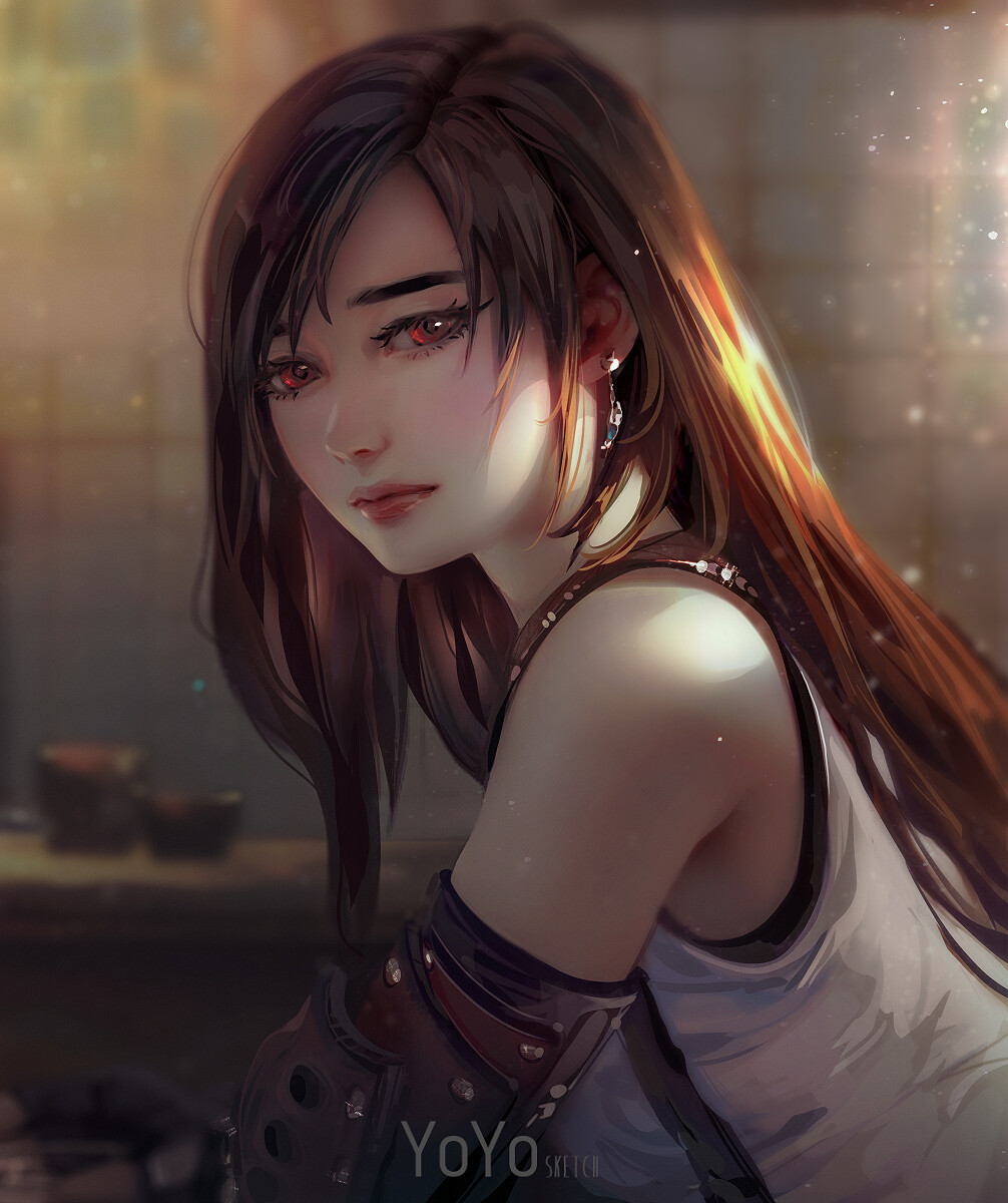 1girl, bare_shoulders, breasts, brown_eyes, brown_hair, earrings, elbow_gloves, elbow_pads, final_fantasy, final_fantasy_vii, fingerless_gloves, from_side, gloves, highres, jewelry, large_breasts, long_hair, looking_at_viewer, red_lips, shirt, skirt, suspender_skirt, suspenders, tank_top, taut_clothes, taut_shirt, tifa_lockhart, yoyosketch