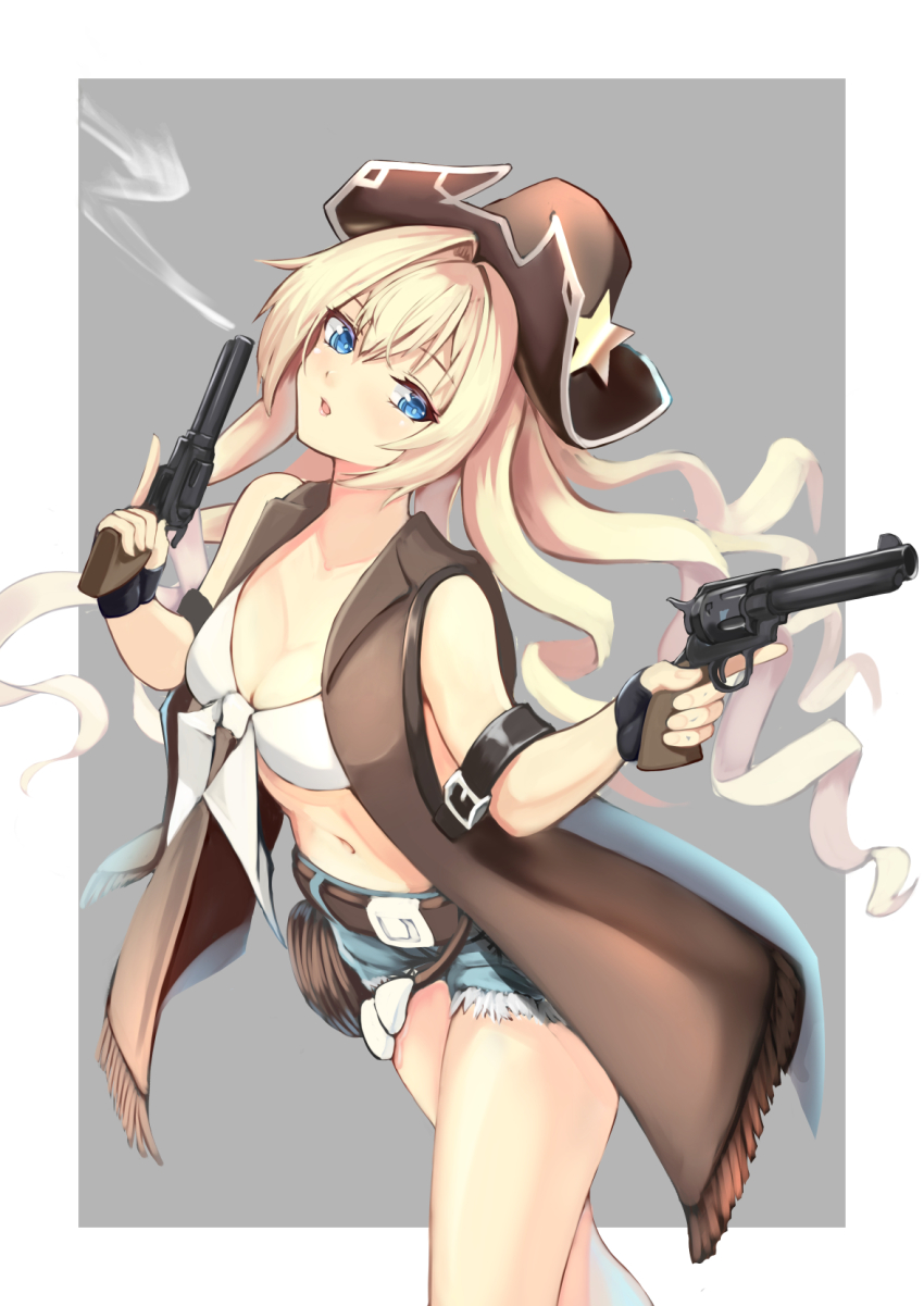 1girl, aged_up, arm_belt, belt, bikini, bikini_top_only, black_belt, black_gloves, blonde_hair, blue_eyes, blush, breasts, brown_belt, brown_hat, cleavage, coat, colt_revolver_(girls'_frontline), commentary, cowboy_hat, cowboy_shot, cowboy_western, denim, denim_shorts, english_commentary, female_focus, fingerless_gloves, front-tie_top, girls'_frontline, gloves, gun, hair_between_eyes, handgun, hat, highres, holding, holding_gun, holding_weapon, long_hair, medium_breasts, midriff, navel, open_mouth, revolver, ringlets, short_shorts, shorts, sidelocks, sleeveless, sleeveless_coat, solo, star_(symbol), swimsuit, trigger_discipline, two-tone_background, weapon, whip, x_ace_k_x