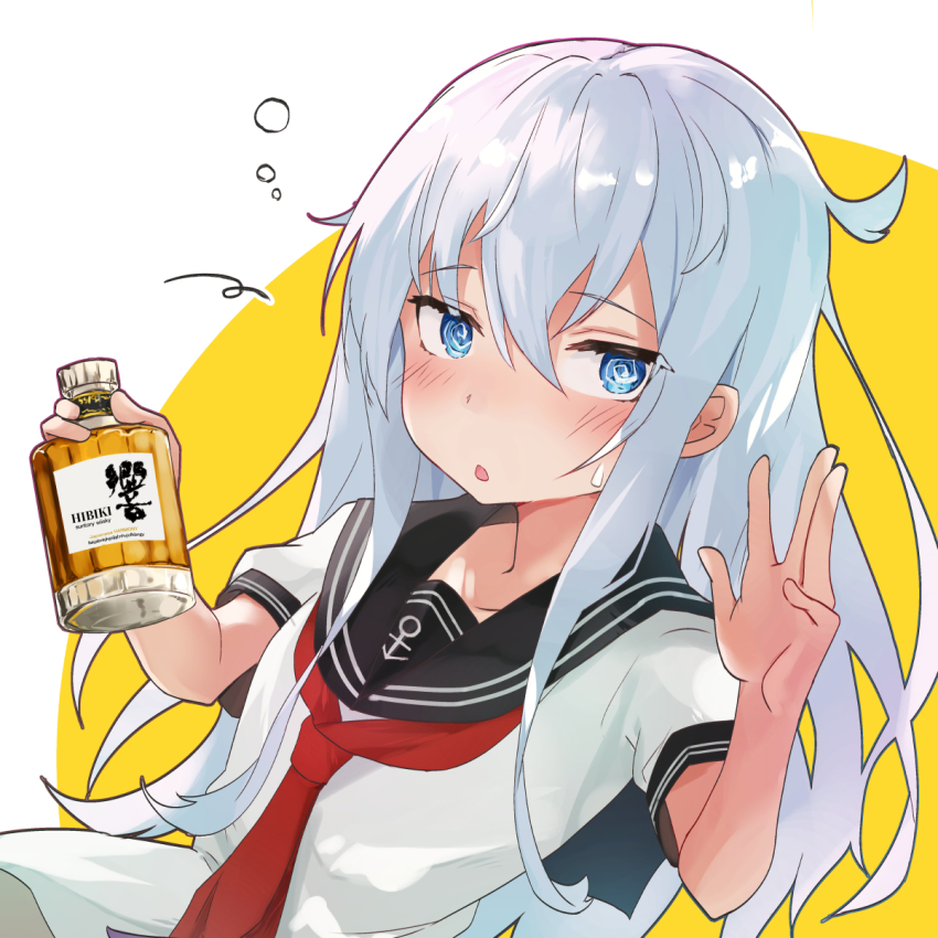 1girl, @_@, alcohol, anchor_symbol, black_legwear, blue_eyes, blush, bottle