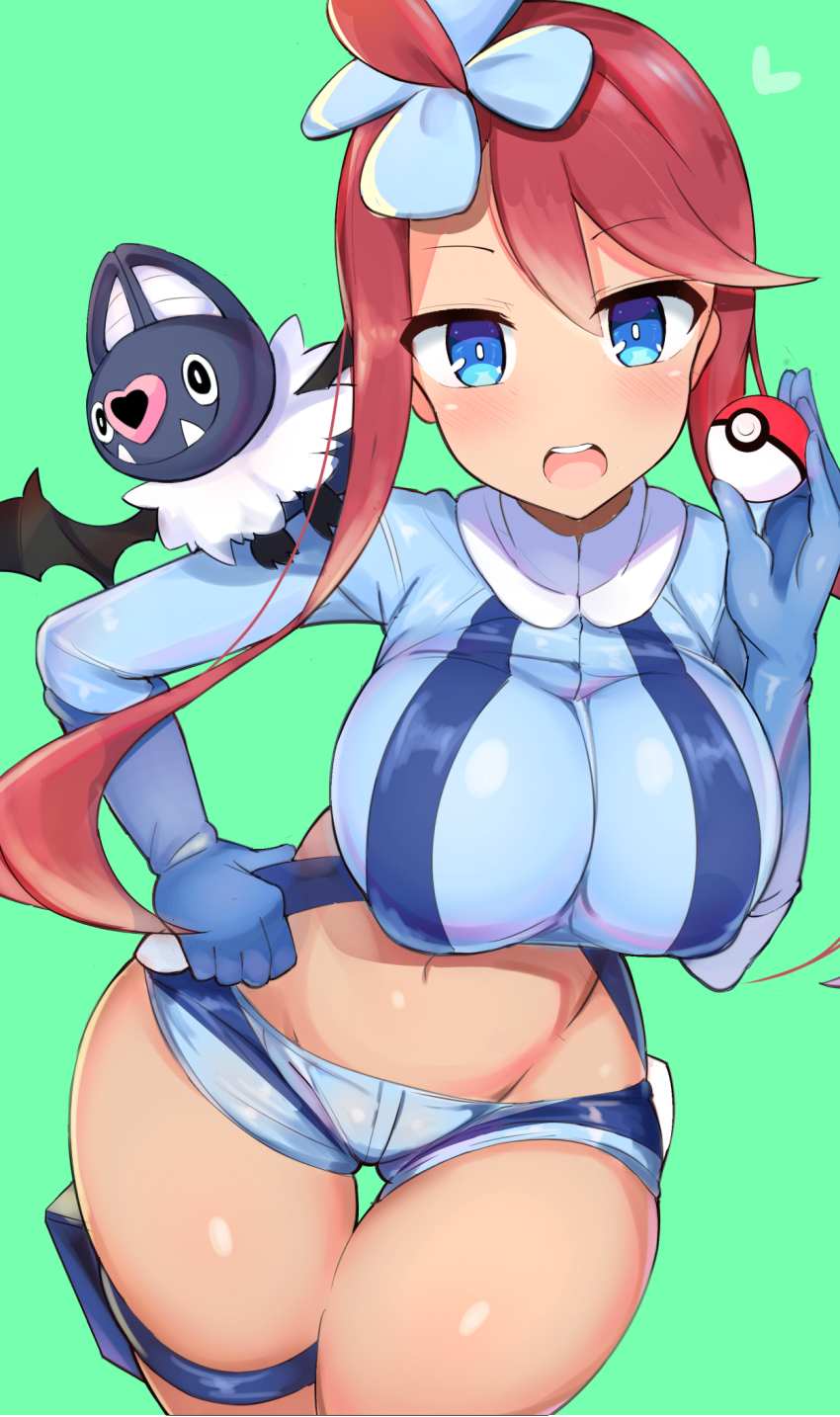 1girl, blue_eyes, blush, breasts, cowboy_shot, gen_5_pokemon, gloves, gym_leader