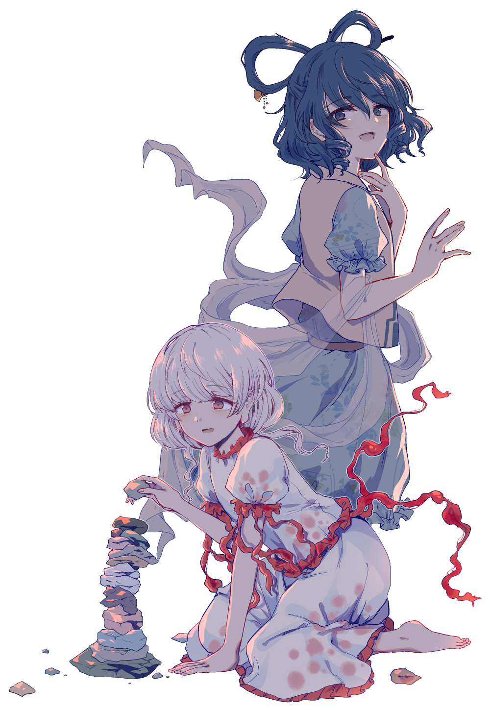 2girls, :d, barefoot, belt, black_belt, blue_dress, blue_eyes, blue_hair