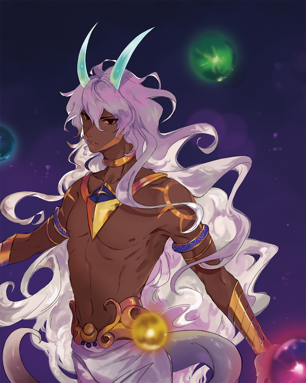 1boy, arjuna_(berserker)_(fate), arjuna_(fate), arjuna_alter_(fate), arjuna_alter_(first_ascension)_(fate), black_eyes, bracelet, choker, collarbone, dark-skinned_male, dark_skin, fate/grand_order, fate_(series), gold_bracelet, hair_between_eyes, highres, horns, jewelry, lizard_tail, long_hair, looking_at_viewer, male_focus, my-cooma, navel, pants, parted_lips, pectorals, solo, tail, tattoo, teeth, topless_male, white_hair, white_pants