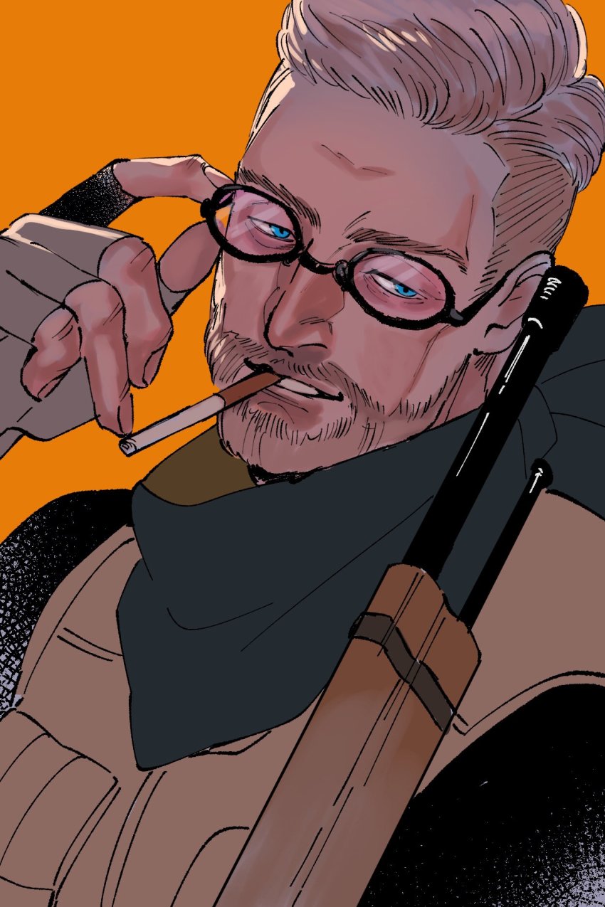 beard, blue_eyes, cigarette, facial_hair, fate/grand_order, fate_(series), glasses, gloves