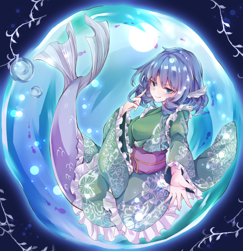 1girl, animal_print, arm_up, black_background, blue_eyes, blue_hair, blush, breasts