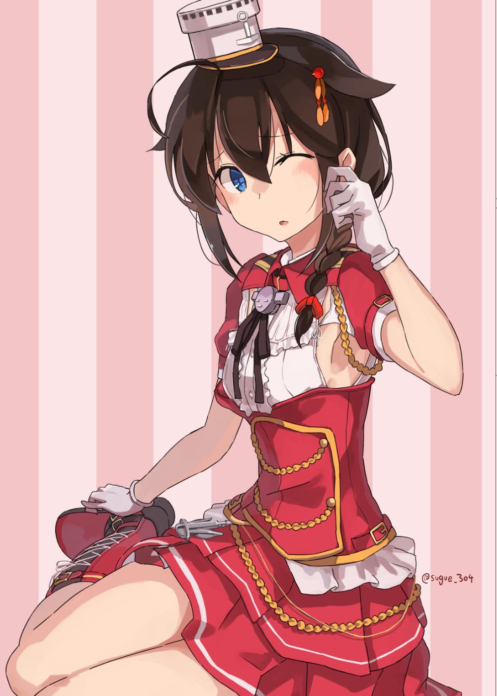 1girl, armpits, blue_eyes, boots, braid, breasts, brown_hair, commentary_request