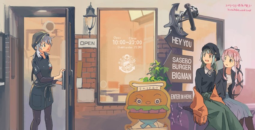 3girls, alternate_costume, black_headwear, black_jacket, black_legwear, black_shirt, black_skirt, black_sweater