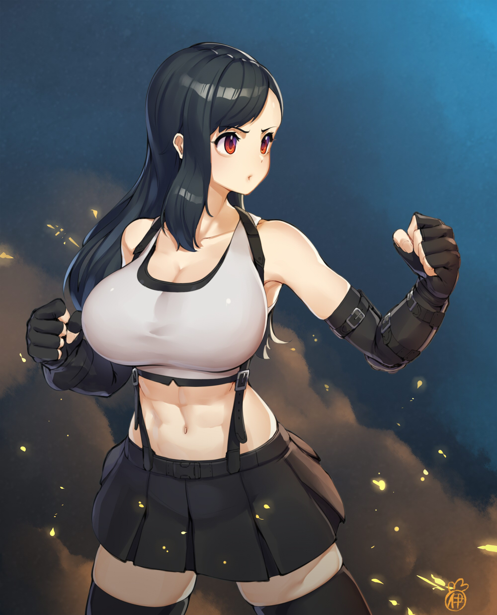 1girl, abs, black_hair, black_skirt, black_thighhighs, breasts, cleavage, cowboy_shot, elbow_gloves, elbow_pads, female_focus, fighting_stance, final_fantasy, final_fantasy_vii, final_fantasy_vii_remake, fingerless_gloves, gloves, highres, ishii_onkami, large_breasts, long_hair, looking_to_the_side, low-tied_long_hair, midriff, miniskirt, navel, pencil_skirt, red_eyes, skindentation, skirt, solo, standing, suspender_skirt, suspenders, tank_top, thighhighs, tifa_lockhart, zettai_ryouiki