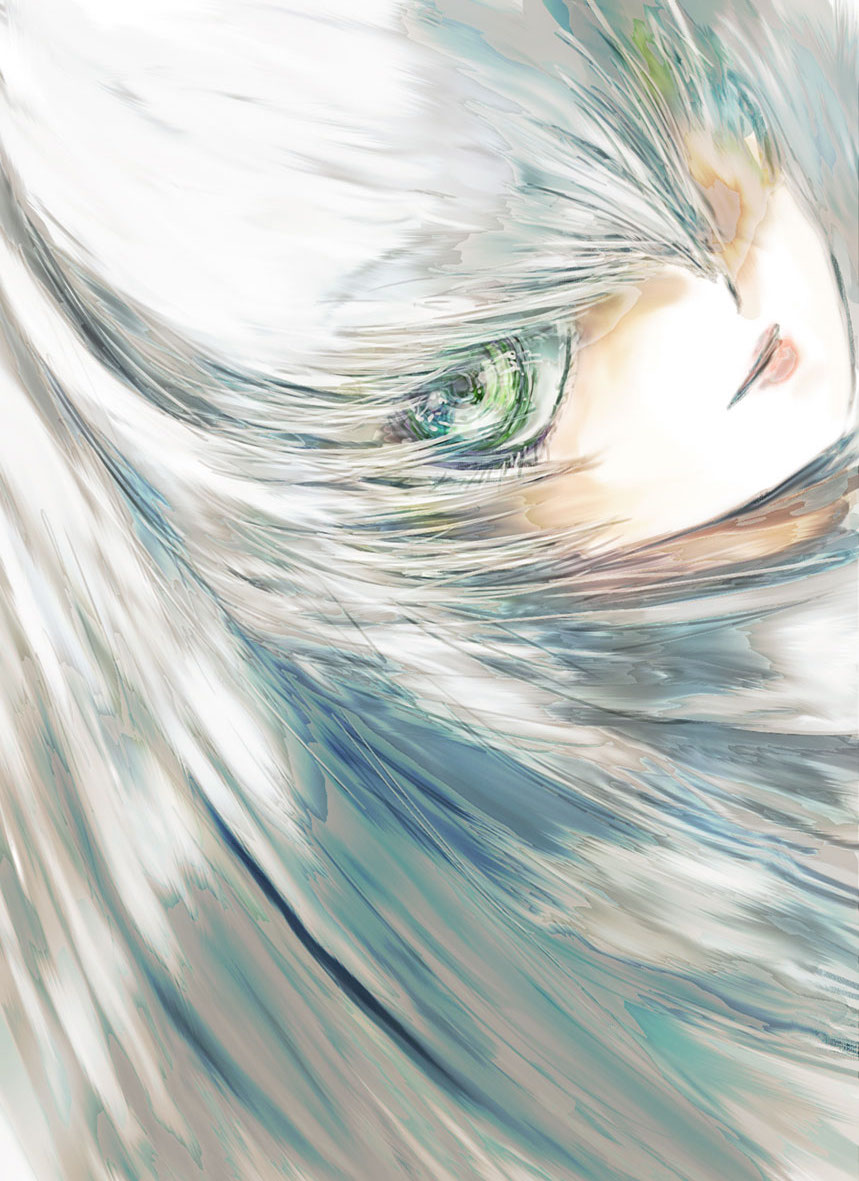 1girl, big_hair, commentary_request, eye_focus, eyelashes, female_focus, green_eyes, grey_hair