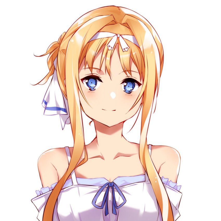 1girl, alice_zuberg, bad_id, bad_pixiv_id, blonde_hair, blue_eyes, blue_ribbon, breasts, cleavage, closed_mouth, collarbone, female_focus, hair_intakes, hairband, highres, looking_at_viewer, medium_breasts, neck_ribbon, night_sky_sword, off_shoulder, portrait, ribbon, short_hair_with_long_locks, sidelocks, simple_background, smile, solo, sword_art_online, white_background, white_hairband