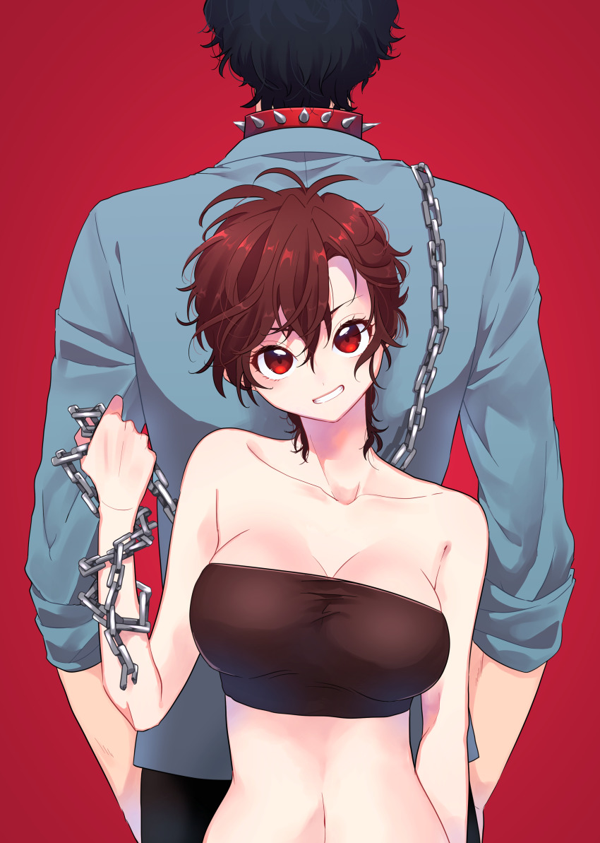 1boy, 1girl, absurdres, back-to-back, black_hair, blue_shirt, breasts, brown_hair