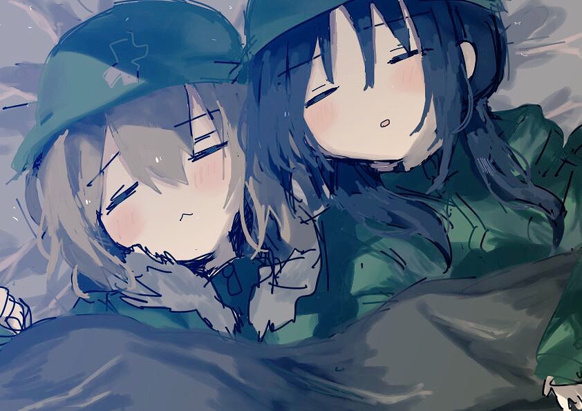 2girls, black_hair, blanket, blonde_hair, blush, chito_(shoujo_shuumatsu_ryokou), closed_eyes, green_sweater