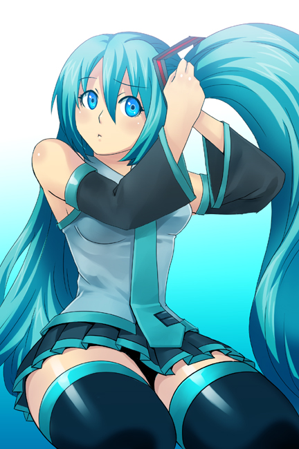 1girl, adjusting_hair, aqua_hair, blue_eyes, detached_sleeves, female_focus, hatsune_miku, ism