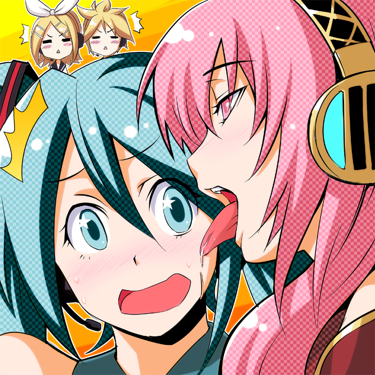 ^^^, 1boy, 3girls, :<, =_=, aqua_eyes, aqua_hair, blush