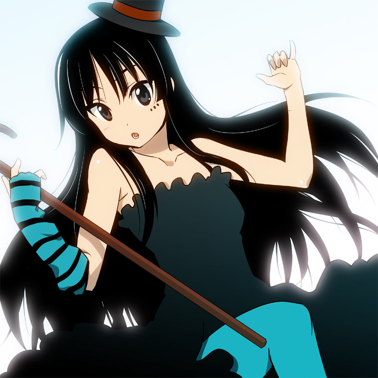 00s, 1girl, akiyama_mio, asymmetrical_clothes, black_eyes, black_hair, blue_pantyhose, blunt_bangs, cane, don't_say_"lazy", female_focus, fingerless_gloves, gloves, hat, hime_cut, ism, ism_(inc), k-on!, long_hair, mini_hat, mini_top_hat, pantyhose, single_glove, solo, striped_clothes, striped_gloves, top_hat