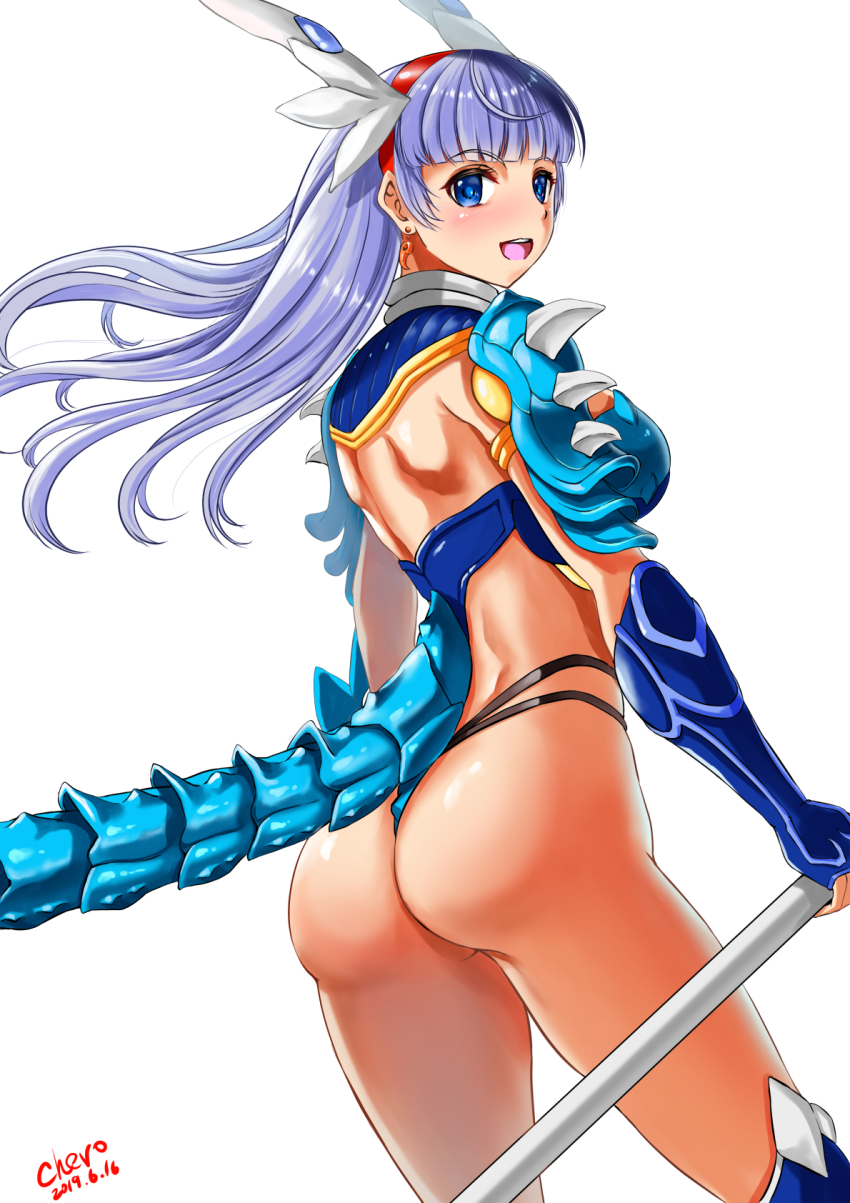 1girl, armor, artist_name, ass, bad_anatomy, blue_eyes, blunt_bangs, bracer