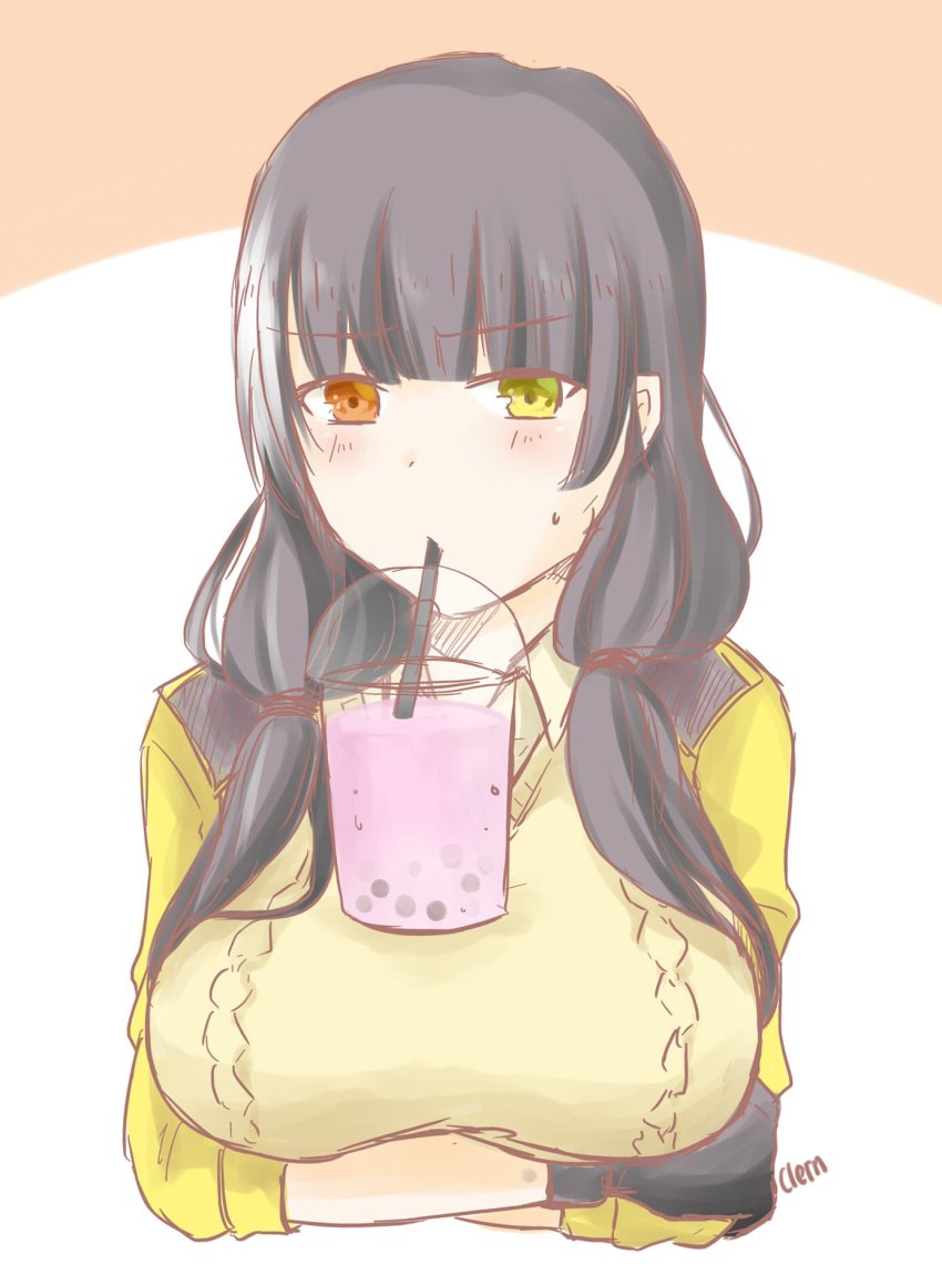 1girl, black_hair, breasts, brown_sweater, bubble_tea, bubble_tea_challenge, coat, collared_coat