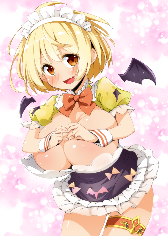 1girl, alternate_costume, bat_wings, black_dress, black_wings, blonde_hair, blush, bow