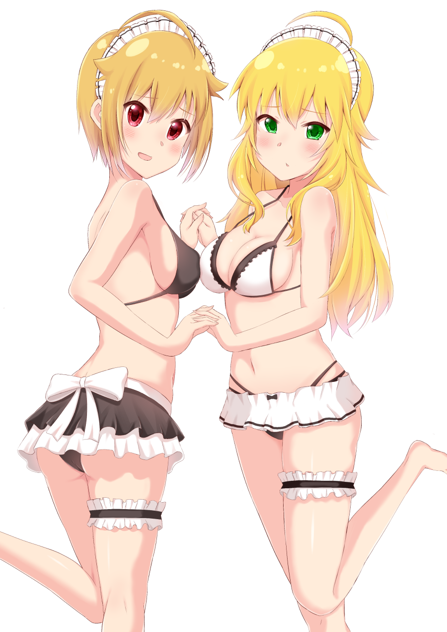 2girls, ahoge, ass, bikini, black_bikini, blonde_hair, blush, breasts