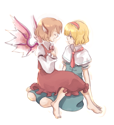 2girls, alice_margatroid, animal_ears, bad_id, bad_pixiv_id, barefoot, blonde_hair, blue_eyes, brown_hair, capelet, closed_eyes, female_focus, multiple_girls, music, mystia_lorelei, natsume_(menthol), natsume_(pixiv), necktie, short_hair, singing, sitting, sitting_on_lap, sitting_on_person, touhou, wings, yuri