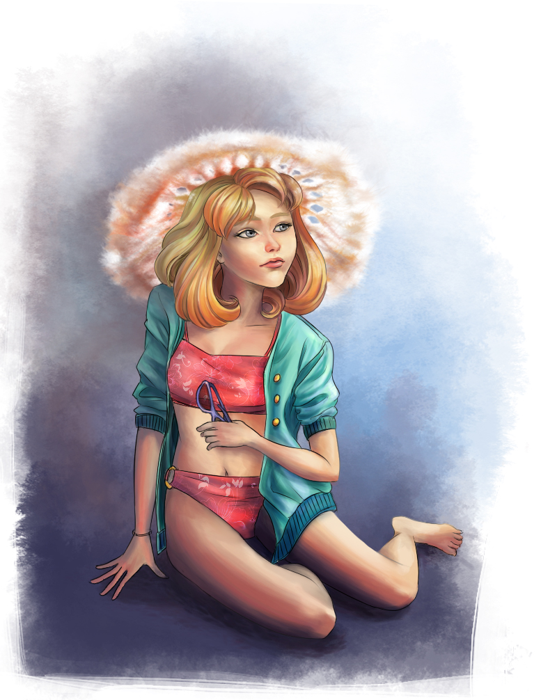 1girl, artist_request, barefoot, bikini, blonde_hair, blue_eyes, border, breasts, child, dolores_haze_(nabokov's_lolita), facing_viewer, feet, female_focus, full_body, gradient_background, lolita_(1962), looking_afar, looking_away, looking_to_the_side, nabokov's_lolita, pinup_(style), simple_background, sitting, small_breasts, solo, swimsuit, white_border, yokozuwari