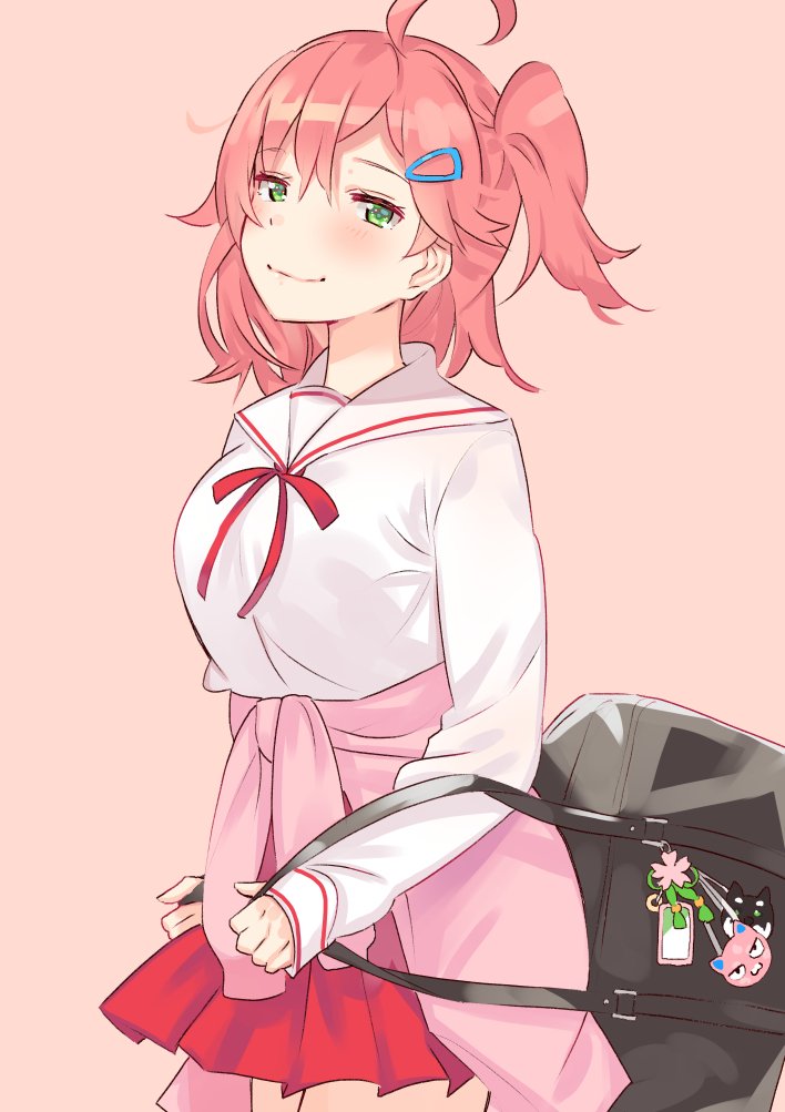 1girl, ahoge, alternate_costume, bag, bag_charm, black_bag, blush, breasts