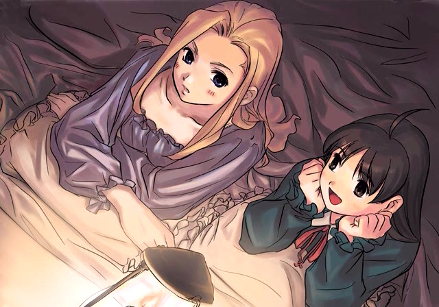 2girls, :d, :o, ahoge, atelier_(series), atelier_viorate, bed, bed_sheet, black_eyes, black_hair, blonde_hair, blue_eyes, blush, brigitt_sihern, head_rest, collarbone, crossed_arms, dark, embarrassed, eye_contact, female_focus, frills, futaba_jun, gust, happy, indoors, light, long_hair, looking_at_another, lying, multiple_girls, nightgown, on_stomach, open_mouth, pillow, ribbon, sidelocks, smile, under_covers, viorate_platane, wavy_hair