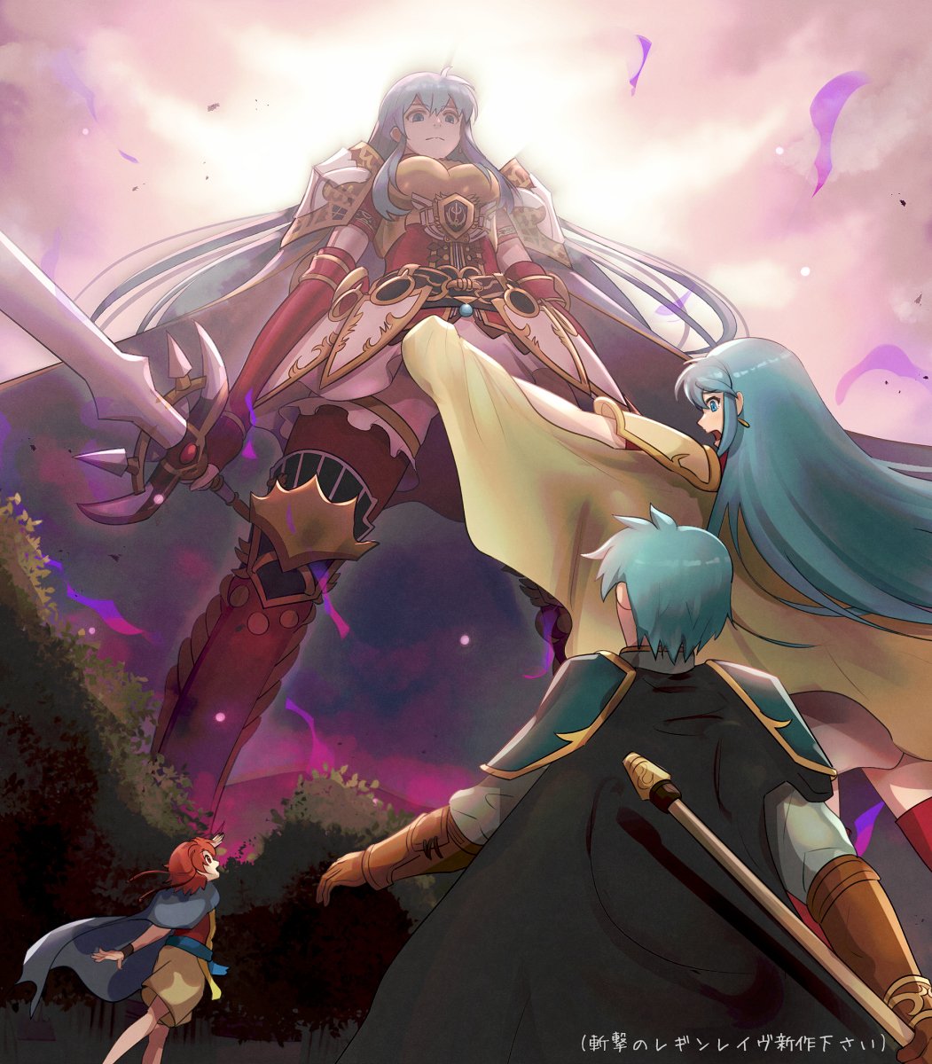 1girl, 2boys, aqua_eyes, aqua_hair, armor, aura, blocking, blush, bush, cape, commentary_request, dark_aura, dark_persona, dual_persona, earrings, eirika_(fire_emblem), eirika_(graceful_resolve)_(fire_emblem), embarrassed, ephraim_(fire_emblem), ewan_(fire_emblem), expressionless, fire_emblem, fire_emblem:_the_sacred_stones, fire_emblem_heroes, giant, giantess, gonzarez, highres, holding, holding_lance, holding_polearm, holding_sword, holding_weapon, jewelry, lance, long_hair, looking_down, looking_up, multiple_boys, nintendo, official_alternate_costume, open_mouth, orange_hair, polearm, short_hair, shoulder_armor, skirt, sky, sword, tears, thighhighs, translation_request, weapon, zettai_ryouiki