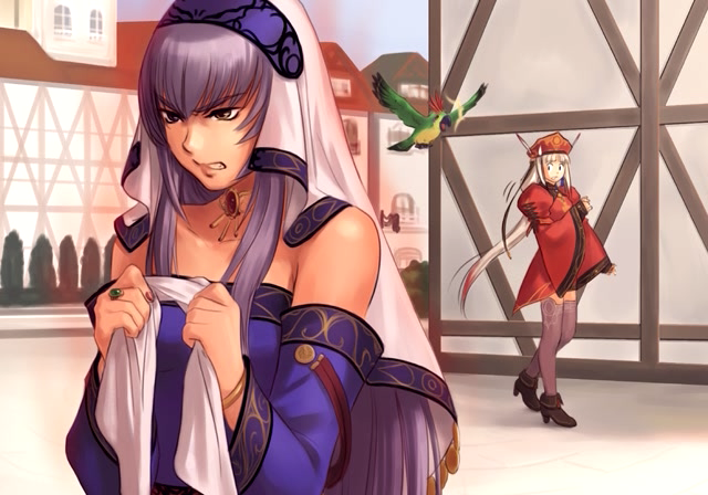 2girls, angry, atelier_(series), atelier_judie, bird, dress, female_focus, gust