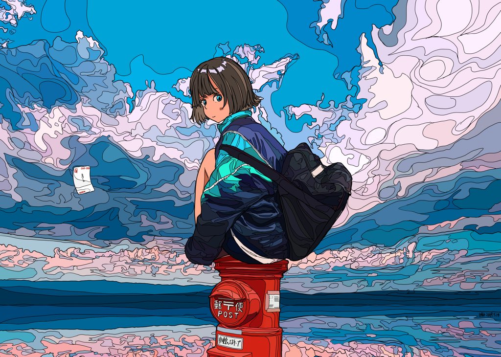 1girl, backpack, bag, black_bag, black_hair, blue_sky, cloud, cloudy_sky