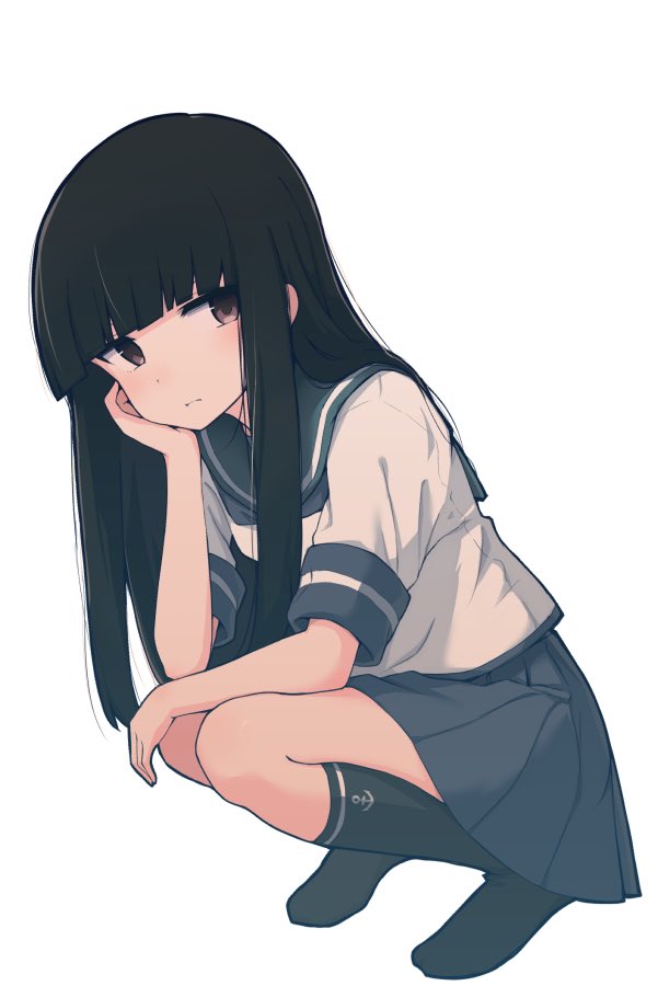 1girl, aki_inu, anchor, anchor_symbol, arm_support, black_hair, black_legwear, blue_skirt