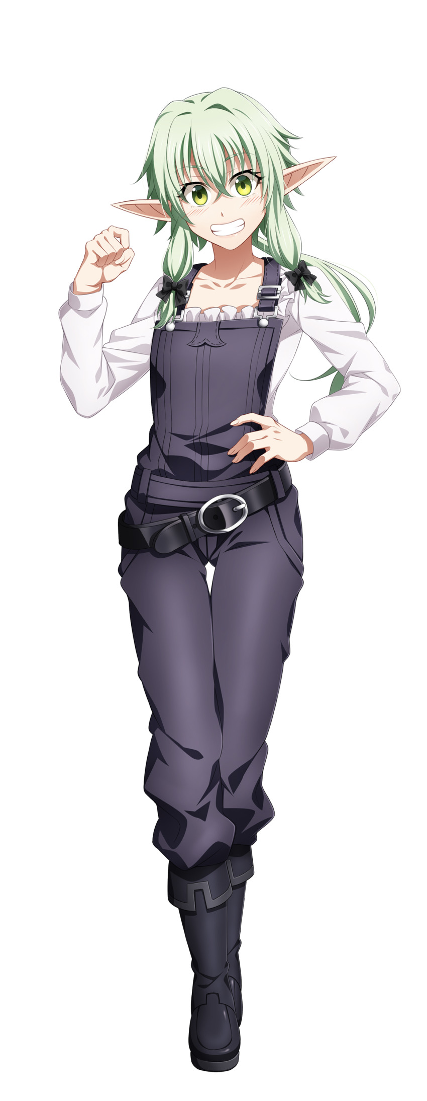 1girl, absurdres, belt, belt_buckle, black_belt, black_boots, black_overalls, boots