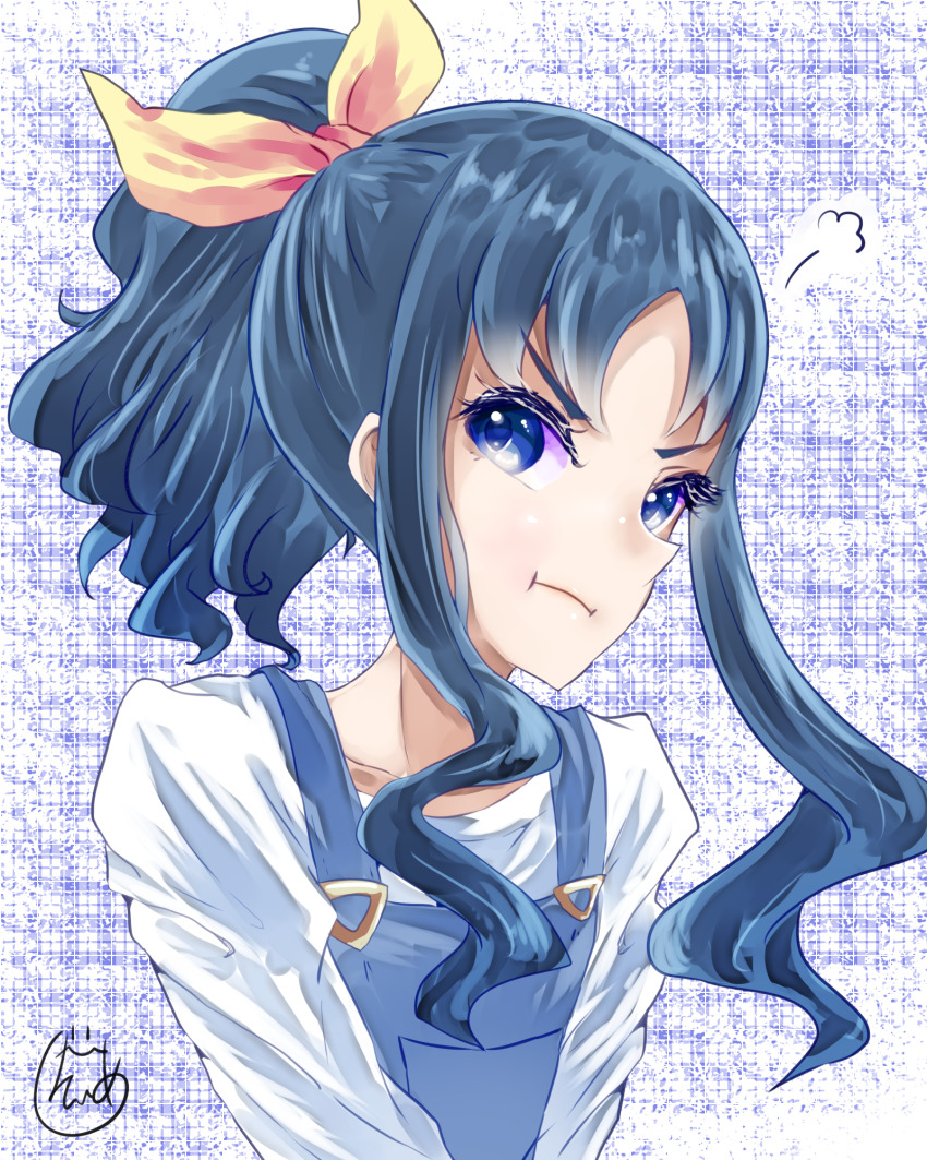1girl, :t, blue_eyes, blue_hair, bow, collarbone, female_focus, g_tear