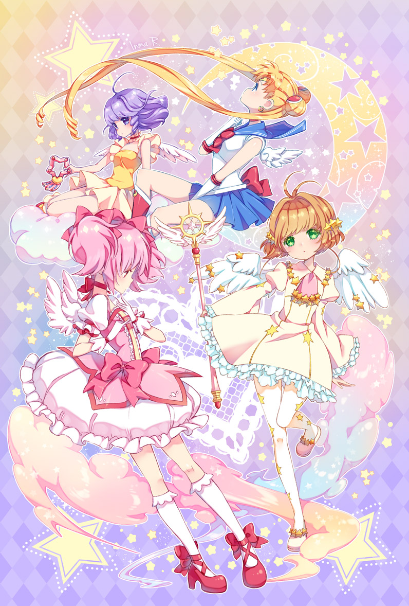 4girls, angel_wings, ankle_bow, ankle_ribbon, argyle_background, argyle_clothes, back_bow, bishoujo_senshi_sailor_moon, blonde_hair, blue_sailor_collar, blue_skirt, bow, bow_choker, brown_hair, bubble_skirt, cardcaptor_sakura, cardcaptor_sakura_clear_card_arc, choker, circlet, creamy_mami, crescent, crossover, double_bun, dress, earrings, elbow_gloves, expressionless, frills, gloves, green_eyes, hair_bow, hair_bun, hair_intakes, hair_ornament, holding, holding_wand, hoshi_no_tsue, inma, jewelry, kaname_madoka, kaname_madoka_(magical_girl), kinomoto_sakura, kinomoto_sakura_(constellations), kneehighs, leg_ribbon, long_hair, looking_at_viewer, magical_girl, mahou_no_tenshi_creamy_mami, mahou_shoujo_madoka_magica, mahou_shoujo_madoka_magica_(anime), mary_janes, morisawa_yuu, multicolored_background, multiple_girls, pantyhose, pink_bow, pink_hair, pleated_skirt, profile, puffy_sleeves, purple_eyes, purple_hair, red_bow, red_footwear, red_neckwear, ribbon, ribbon_choker, sailor_collar, sailor_moon, sailor_senshi_uniform, shoes, short_hair, skirt, socks, standing, standing_on_one_leg, star_(symbol), star_hair_ornament, star_in_eye, symbol_in_eye, tsukino_usagi, twintails, wand, white_dress, white_gloves, white_legwear, white_skirt, white_wings, wings