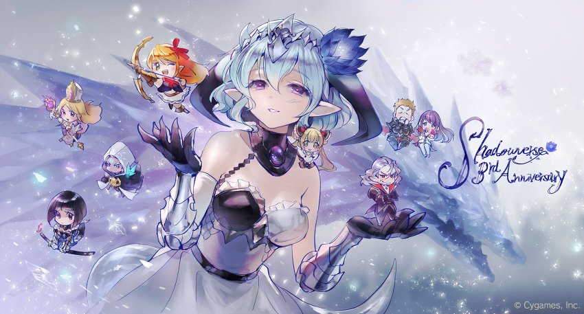 3boys, 6+girls, aloma, anniversary, arisa_(shadowverse), black_hair, blonde_hair, blue_hair, bow_(weapon), chibi, circlet, crossed_arms, cygames, dragon, dragon_girl, dragon_horns, drinking, erika_(shadowverse), eris_(shadowverse), flower, gauntlets, hair_flower, hair_ornament, highres, hood, hood_up, horns, isabelle_(shadowverse), long_hair, looking_at_viewer, luna_(shadowverse), multiple_boys, multiple_girls, parted_lips, pointy_ears, purple_eyes, purple_hair, rowen_(shadowverse), shadowverse, short_hair, sitting, sitting_on_shoulder, smile, staff, sword, tail, twintails, urias_(shadowverse), weapon, white_hair, whitefrost_dragonewt_filene, yuwan_(shadowverse)