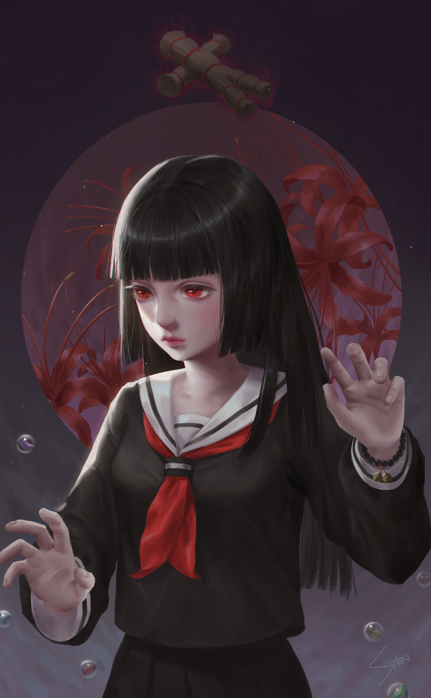 1girl, absurdres, bell, black_hair, black_serafuku, black_shirt, black_skirt, blunt_bangs