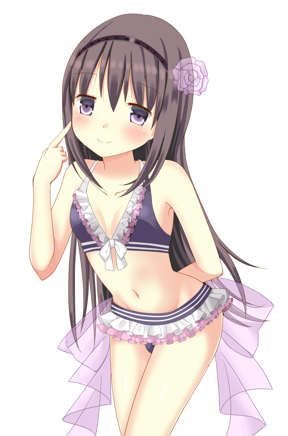 1girl, akemi_homura, akemi_homura_(swimsuit_ver.), bad_id, bad_pixiv_id, bikini, black_hair, blush