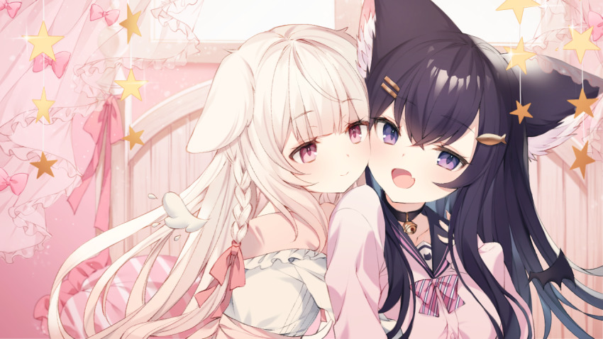 2girls, :d, animal_ear_fluff, animal_ears, bell, black_choker, black_hair, black_sailor_collar