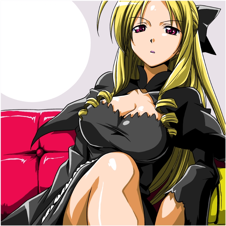 00s, blonde_hair, bow, breasts, cleavage, drill_hair, hair_bow, hayate_no_gotoku!, large_breasts, long_hair, red_eyes, segawa_haruna, sitting, solo, tennousu_athena