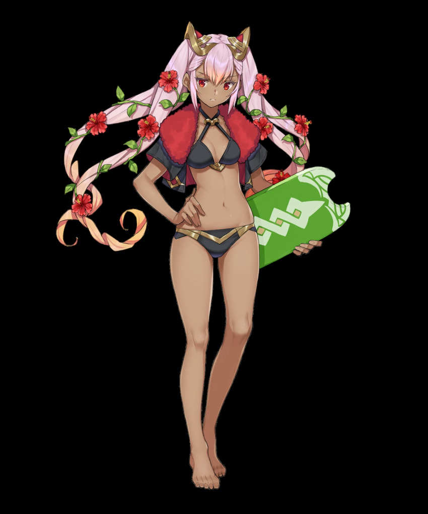 1girl, bare_legs, barefoot, bikini, black_bikini, black_jacket, breasts, closed_mouth