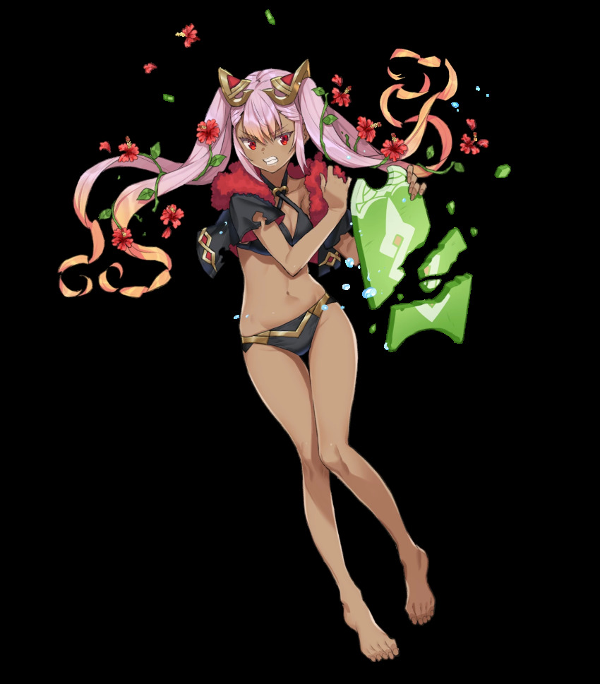 1girl, bad_feet, bare_legs, barefoot, bikini, black_bikini, black_jacket, clenched_teeth