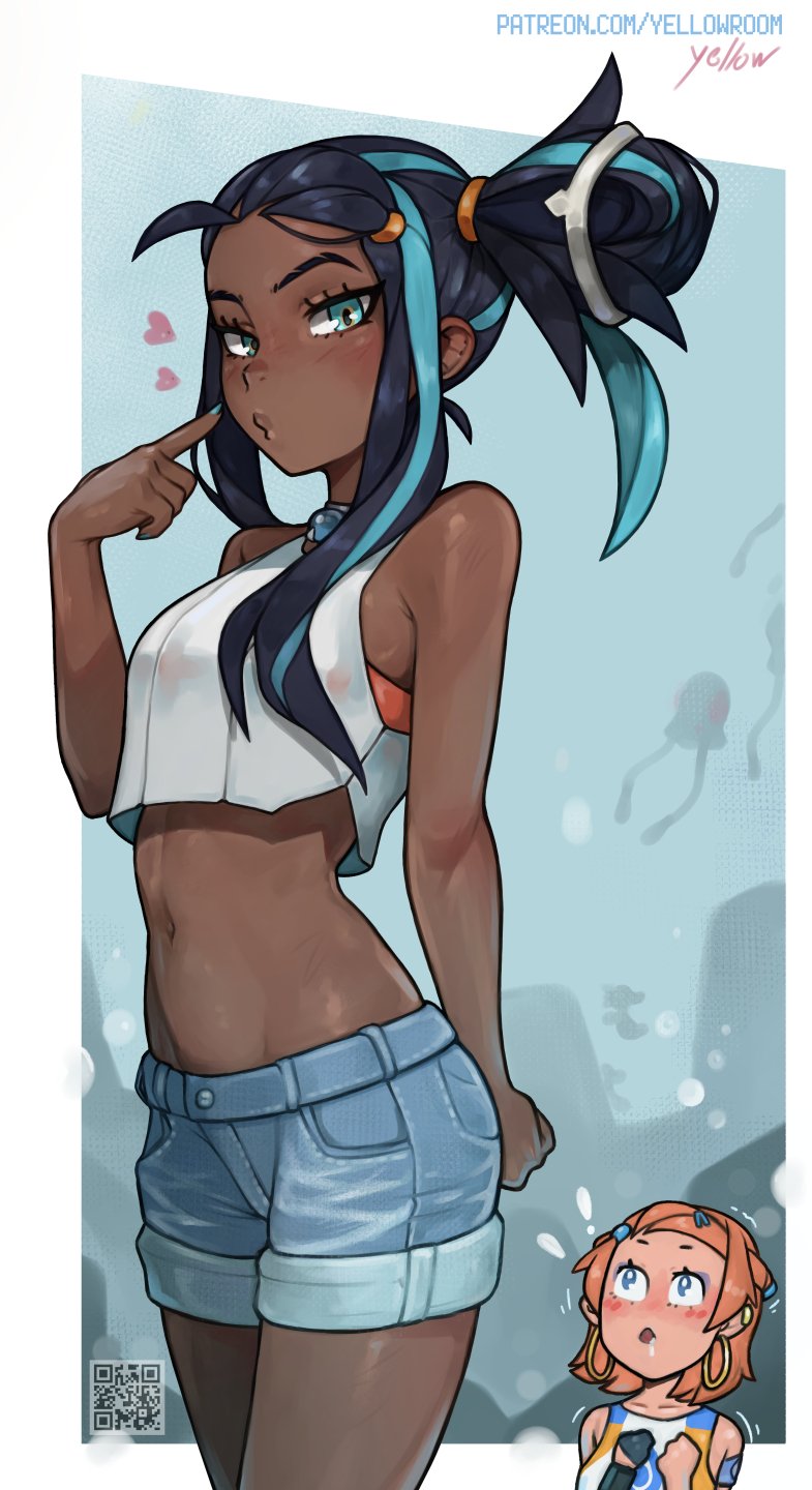 2girls, alternate_hairstyle, aqua_eyes, aqua_hair, arm_behind_back, black_hair, blush, breasts, commentary, cosplay, costume_switch, cowboy_shot, crop_top, dark-skinned_female, dark_skin, denim, denim_shorts, earrings, english_commentary, folded_ponytail, gen_1_pokemon, gym_leader, hair_bun, highres, hoop_earrings, horsea, jewelry, looking_at_viewer, midriff, misty_(pokemon), misty_(pokemon)_(cosplay), multicolored_hair, multiple_girls, nail_polish, navel, nessa_(pokemon), nessa_(pokemon)_(cosplay), nintendo, orange_hair, outside_border, pokemon, pokemon:_let's_go_pikachu!_and_let's_go_eevee!, pokemon_sword_and_shield, ponytail, qr_code, shorts, sidelocks, single_side_bun, small_breasts, solo_focus, stomach, streaked_hair, tank_top, tentacool, trait_connection, yellowroom