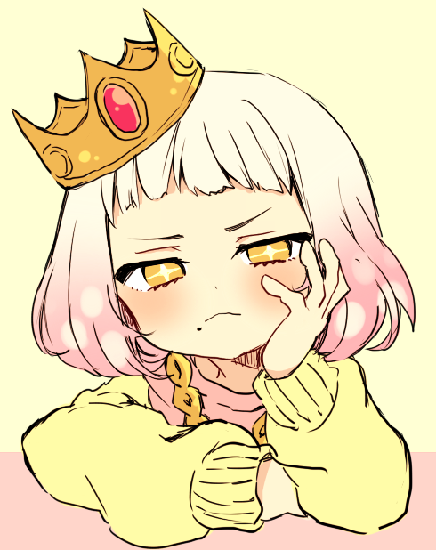 +_+, 1girl, blunt_bangs, blush, brown_eyes, closed_mouth, crown, elbow_rest