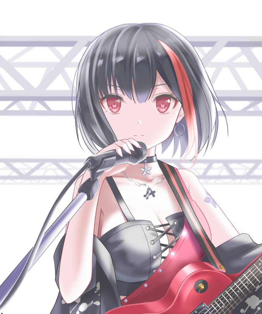 1girl, bad_id, bad_pixiv_id, bang_dream!, bang_dream!_girls_band_party!, black_choker, black_corset, black_hair, black_jacket, blouse, breasts, choker, cleavage, commentary_request, corset, earrings, electric_guitar, eyelashes, female_focus, guitar, highres, holding, holding_microphone, instrument, jacket, jewelry, large_breasts, looking_at_viewer, microphone, microphone_stand, mitake_ran, multicolored_hair, necklace, off_shoulder, open_clothes, open_jacket, red_eyes, red_hair, red_skirt, shirt, short_hair, skirt, solo, streaked_hair, tattoo, torn_clothes, torn_shirt, totosionz, upper_body, white_background