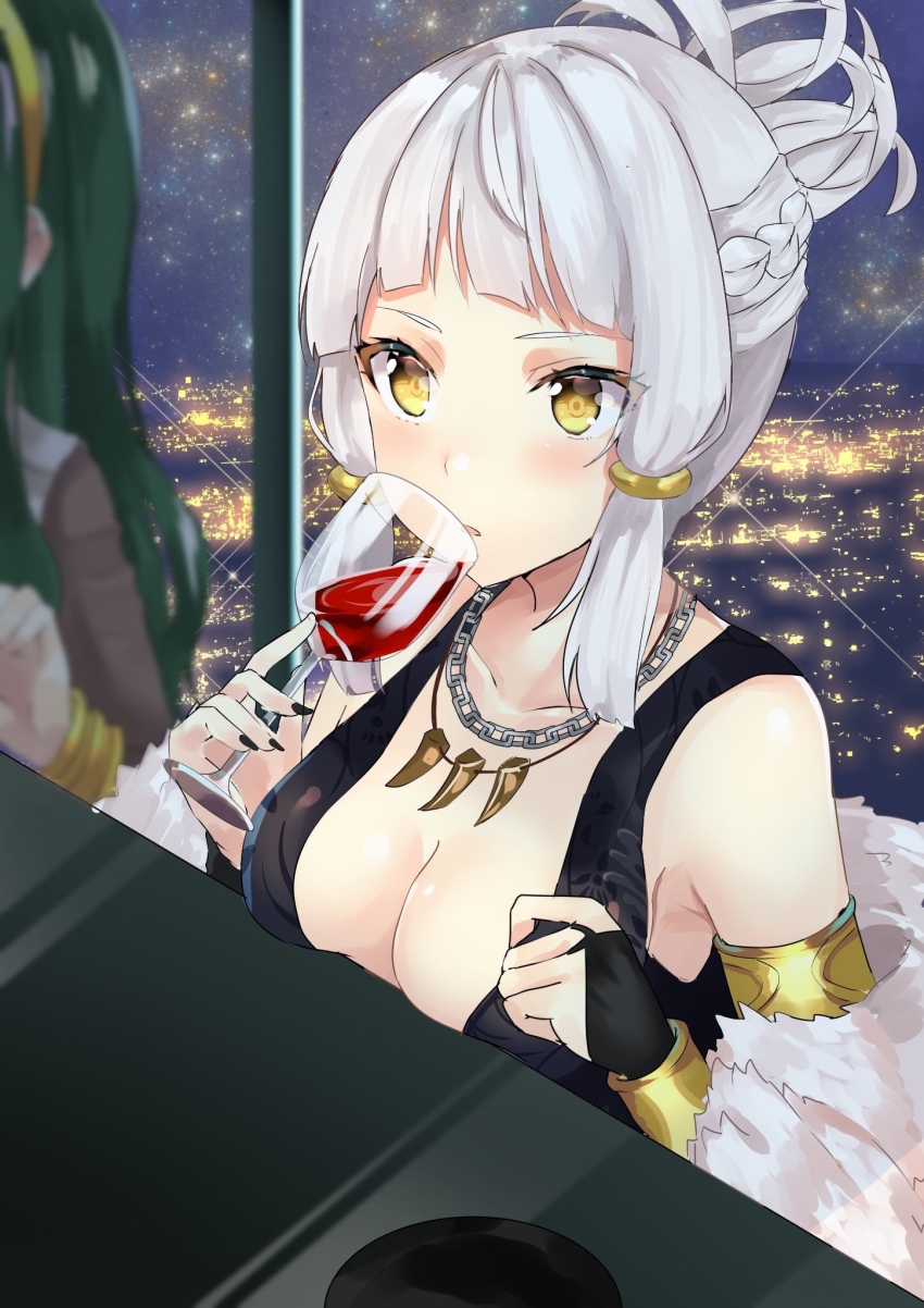 2girls, alcohol, armband, black_dress, bracelet, braid, breasts, bridal_gauntlets