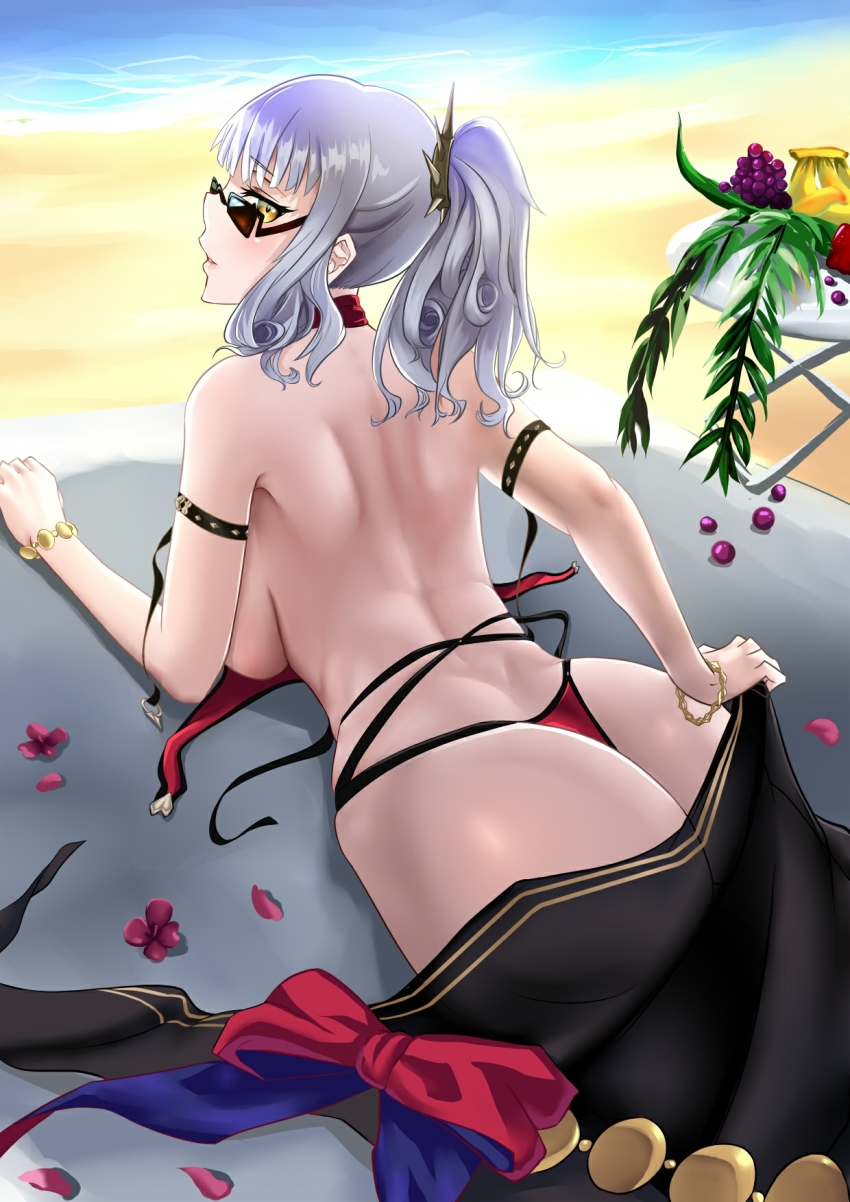 1girl, ass, backboob, banana, bare_back, bberba_(ls5837907), beach, beach_towel, bikini, breasts, brown-tinted_eyewear, carmilla_(fate), carmilla_(summertime_mistress)_(fate), commentary_request, fate/grand_order, fate_(series), female_focus, flower, folding_table, food, fruit, grapes, hair_ornament, highres, looking_at_viewer, looking_back, looking_over_eyewear, looking_over_glasses, lying, medium_hair, ocean, on_stomach, petals, ponytail, red_bikini, solo, sunglasses, swimsuit, table, thong_bikini, tinted_eyewear, topless_female, towel, unworn_bikini_top, yellow_eyes