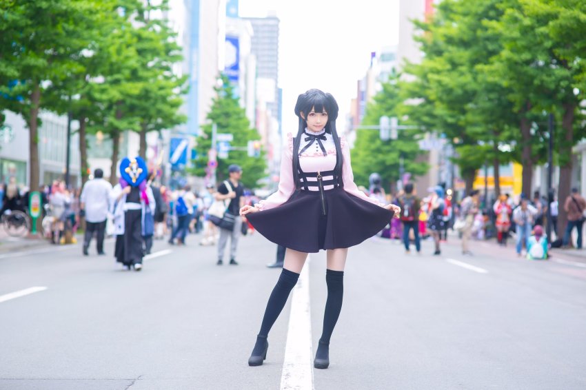 1girl, black_eyes, black_footwear, black_hair, black_ribbon, black_skirt, black_thighhighs, blurry
